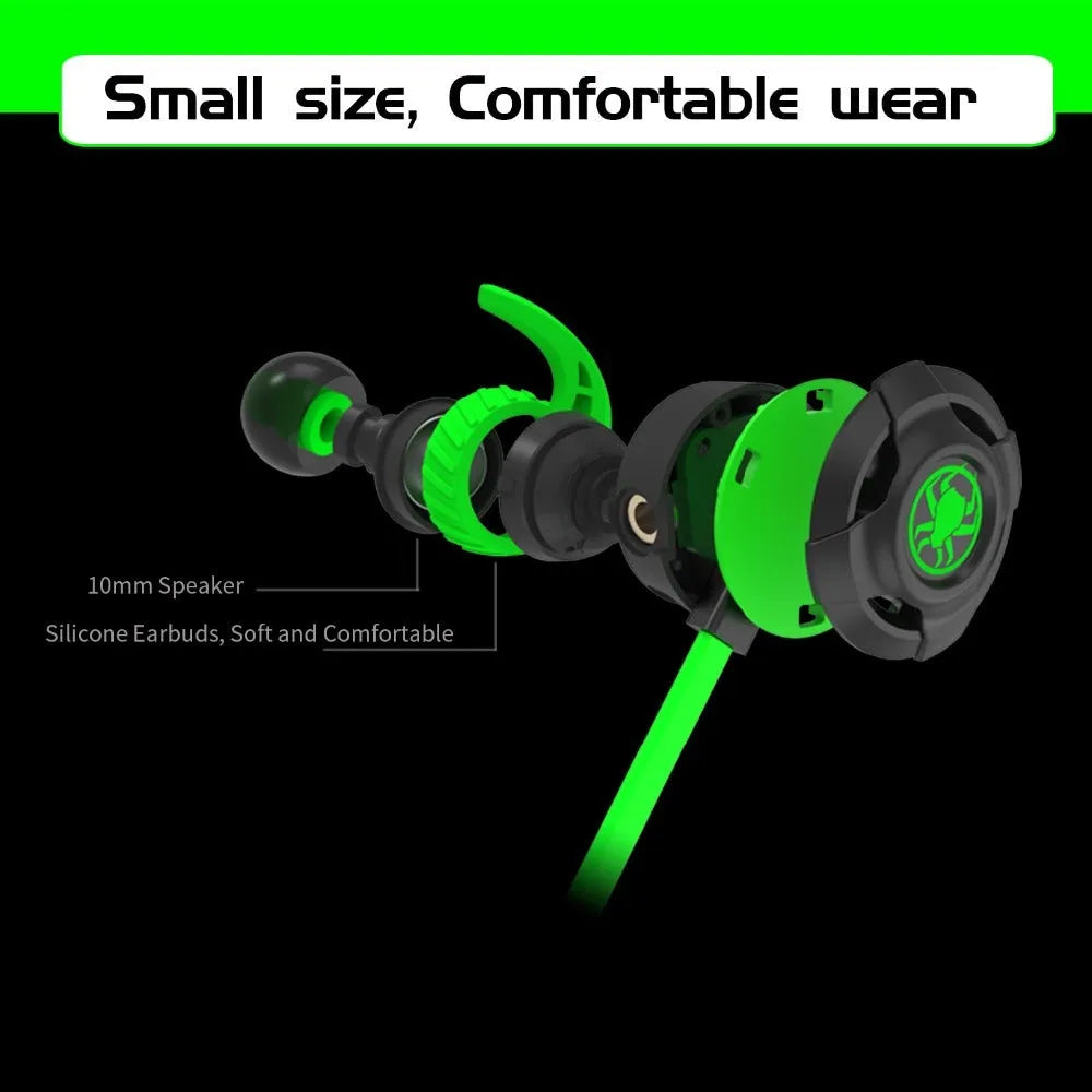 Shuangmai wired in-ear gaming headset in black, green, and red colour options showing 1.5cm cable.