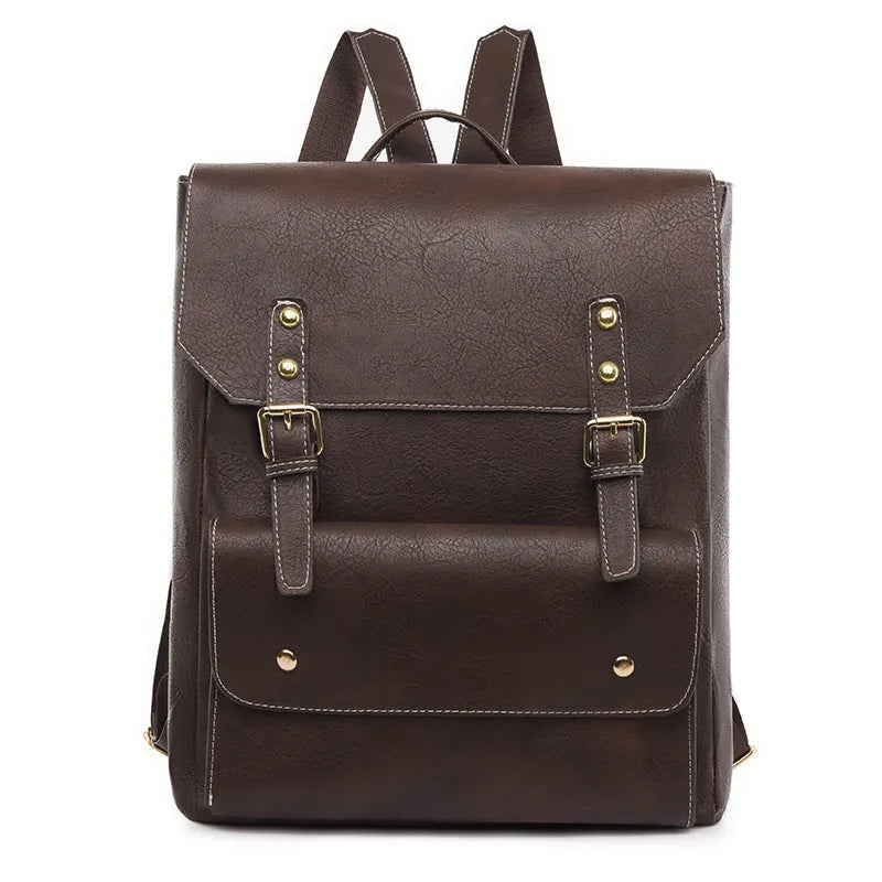 Korean style retro backpack in soft PU leather showing ventilation features and retro design elements
