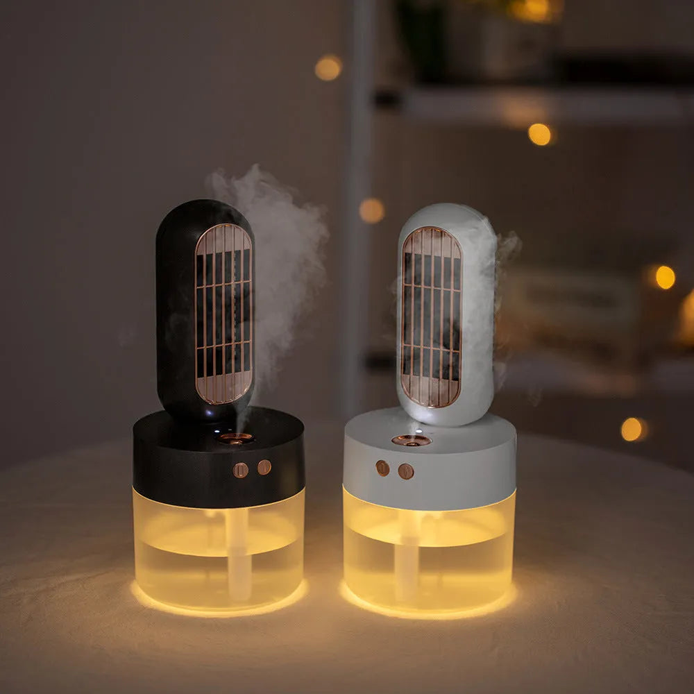 Small black and white humidifier fan with mechanical controls and oscillation function