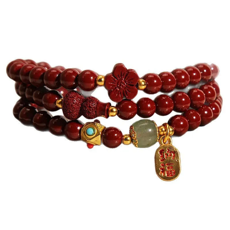 Red cinnabar bracelet with multi-circle gourd and five-petal flower geometric design