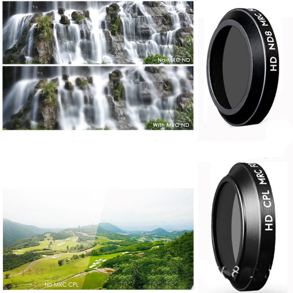 Slim aluminium alloy camera filter set for DJI Mavic drone with ND, CPL, and UV filter options.