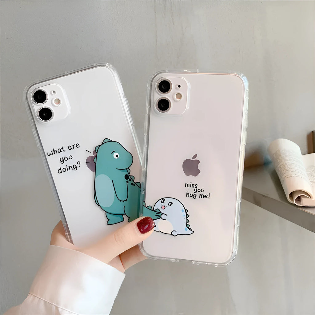 Transparent airbag iPhone case with dinosaur design on clear silicone and TPU back cover