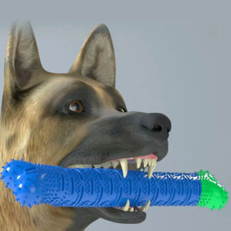 Blue and green silicone dog dental toy with brush head texture, nodules, and an integrated rope for chewing and play.