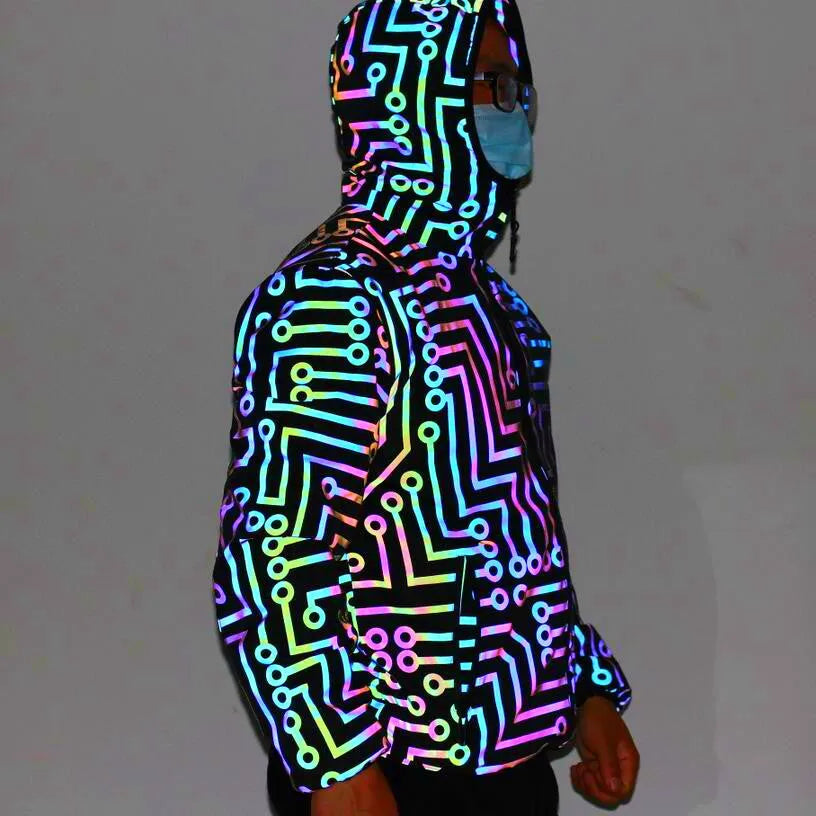 Men and women colorful reflective hooded polyester dance jacket in black with straight hem