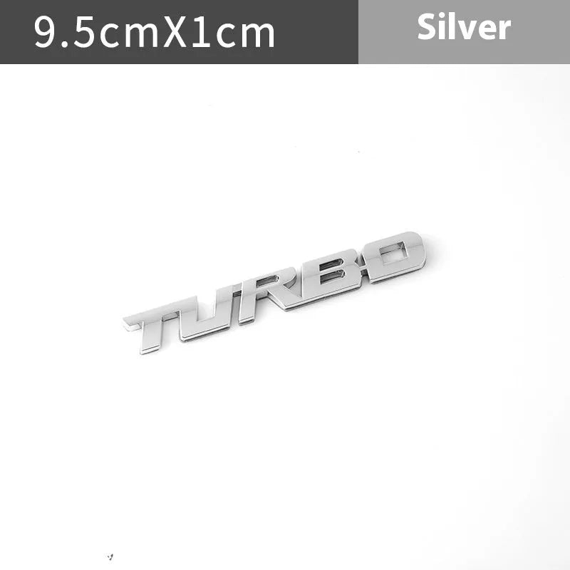 Metal 3D TURBO bumper sticker in silver on car fender side seam