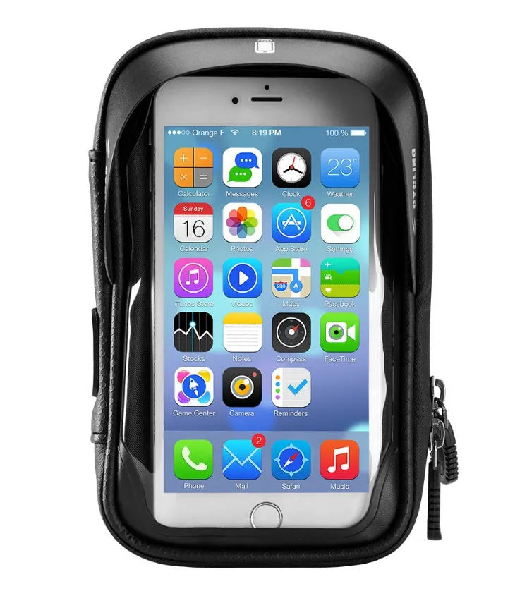Black nylon cycle mobile phone bracket bag with 6.0 inch screen window, water resistant, anti-glare visor, and tool-free adjustable base