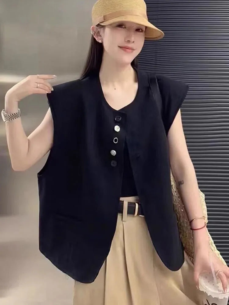 Women's beige loose-fit polyester vest with a pocket, shown on a hanger.