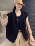 Women's beige loose-fit polyester vest with a pocket, shown on a hanger.