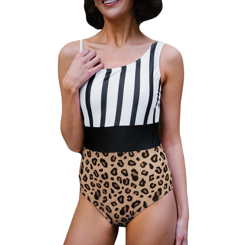 Women's leopard print one-piece swimsuit with asymmetric collar and high-waisted triangle design