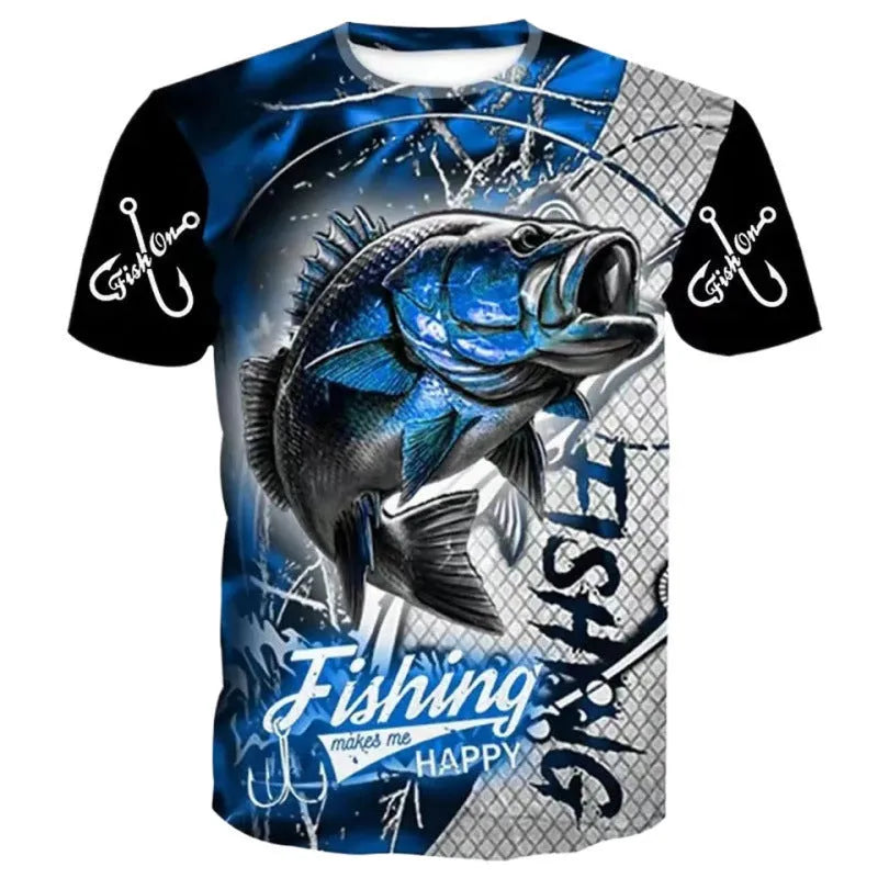Men's loose fit t-shirt with a digitally printed fishing pattern design.