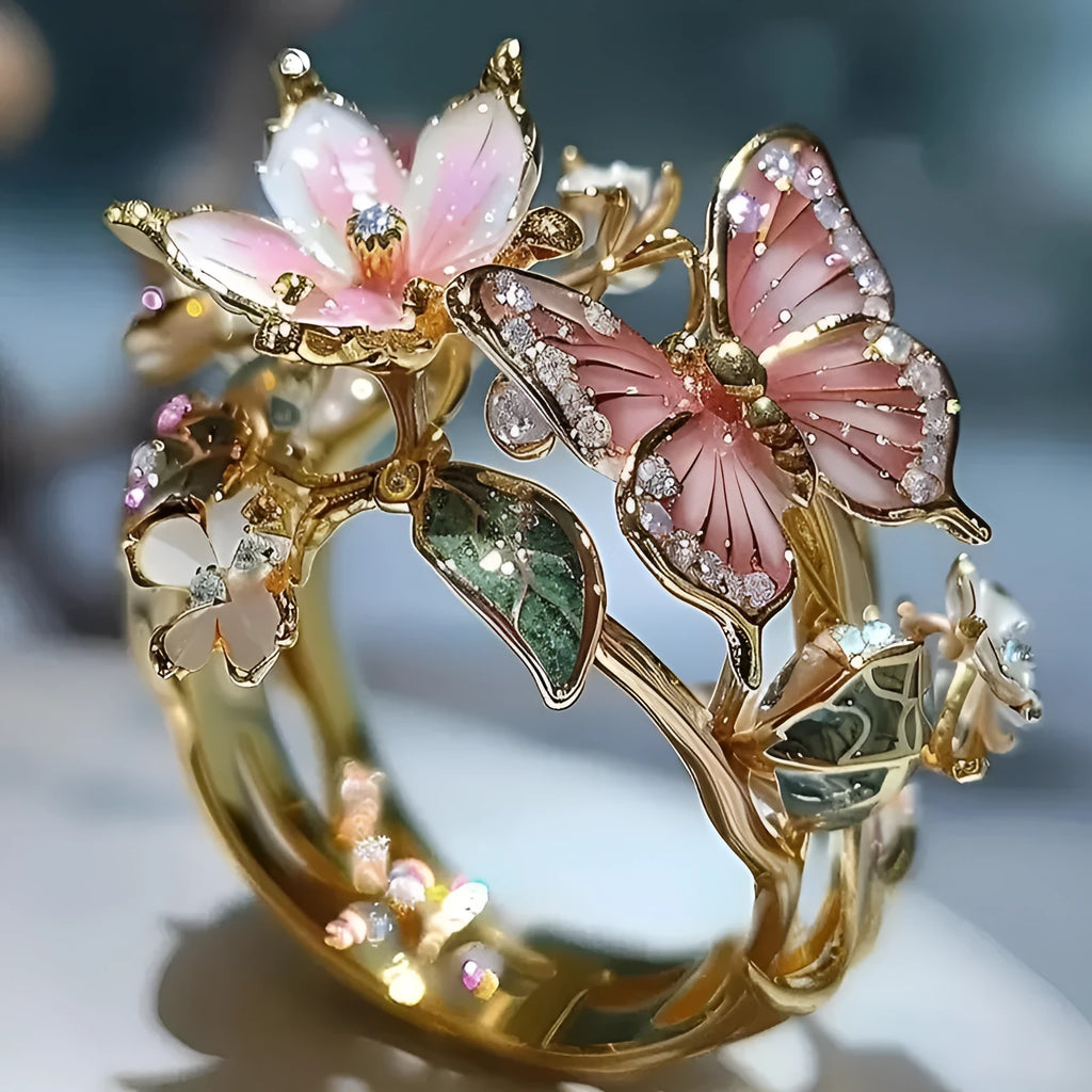 INS Flower Butterfly Ring with Rhinestones and Oil Dropping Design Fashion Personalized Jewelry for Women Open Mouth Alloy Butterfly Ring Adjustable Size