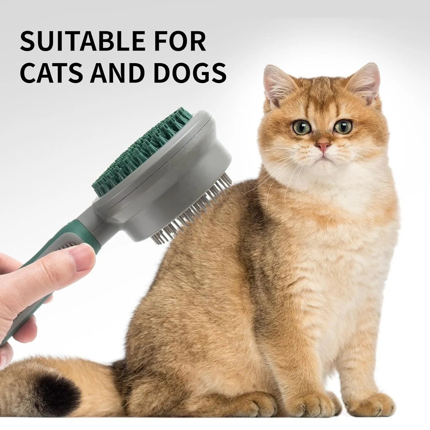Green and pink two-sided pet grooming brush with retractable slicker and silicone massager