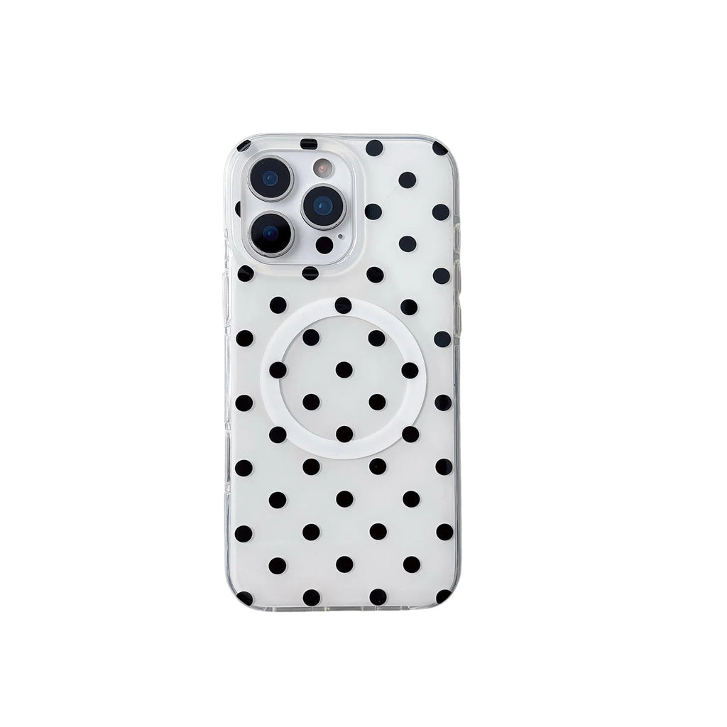 Polka dot iPhone case with magnetic bracket in black, pink, blue, and purple, compatible with iPhone models.