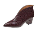 Women's black V-cut ankle boots with pointed toe and chunky 6-8 cm heels, embossed artificial PU upper
