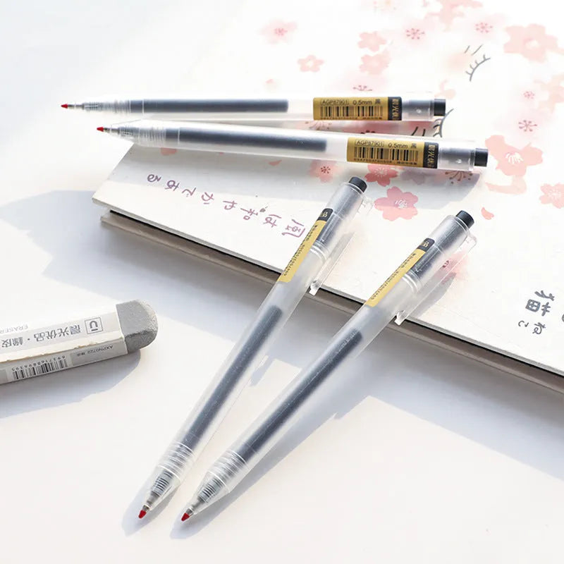 Set of twelve black matte finish retractable gel pens with 0.5mm tips and two spare refills.