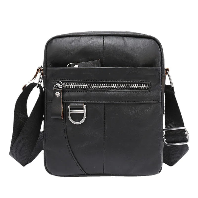 Black and brown 8-inch genuine cowhide leather crossbody messenger bag for boys with retro style.