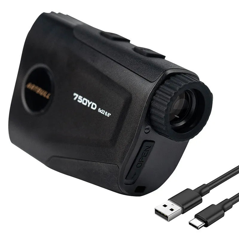 Golf laser rangefinder with LCD display showing distance measurement, Type-C charging port