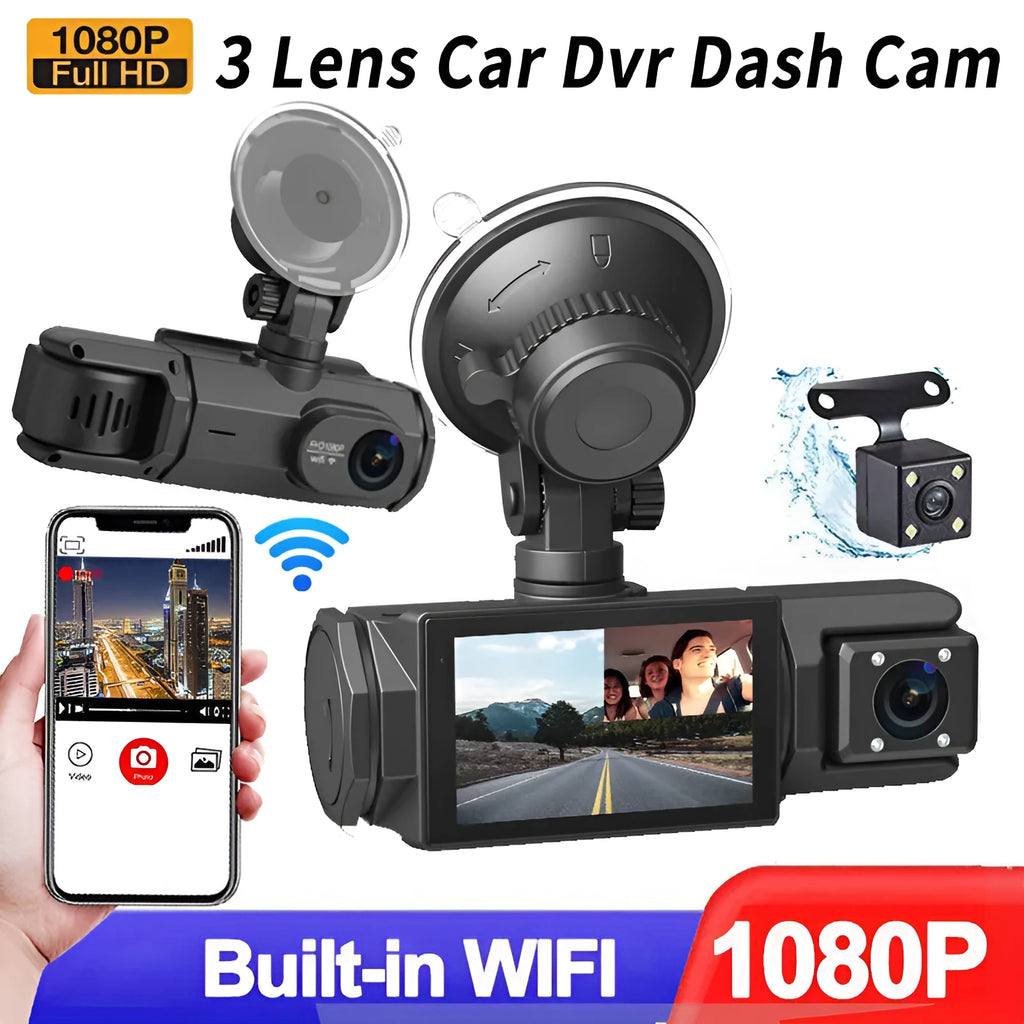 HD 1080P three lens WiFi car DVR dash cam with reversing image, front interior and rear cameras on 2 inch IPS screen
