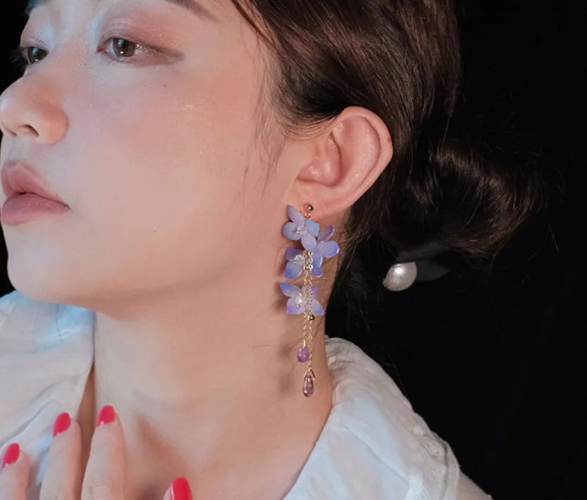 Handmade cold blue purple flower long tassel water drop earrings with gold-plated inlaid artificial gem