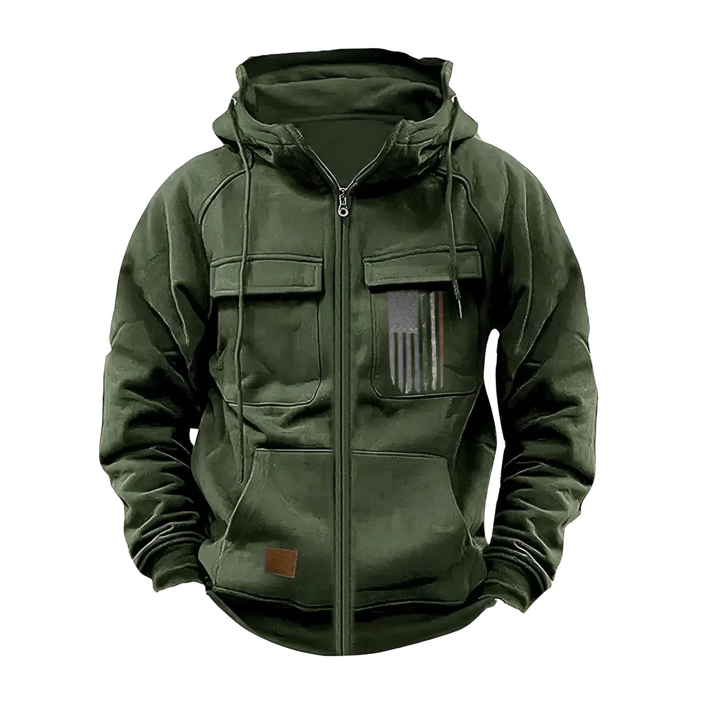 Men's printed loose zip casual hooded sweatshirt in polyester fibre, long sleeve, available in eight colours and sizes S to XXXL