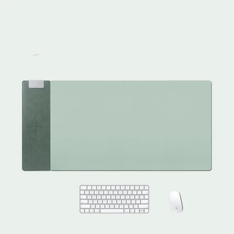 15W wireless charging desk mat with PU colour-changing leather surface and metal stamping finish on a desk