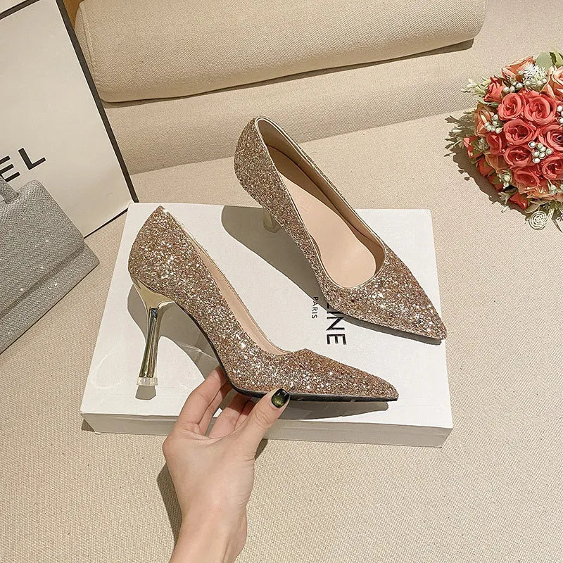 Women's bridal glitter high heels with pointed toe, fine 7cm heel, available in gold, red, and silver.