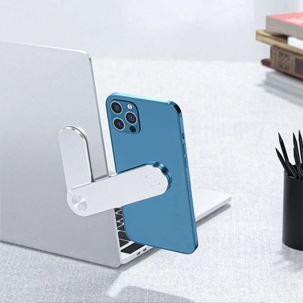 Aluminium laptop phone holder with magnetic mount attached to computer screen