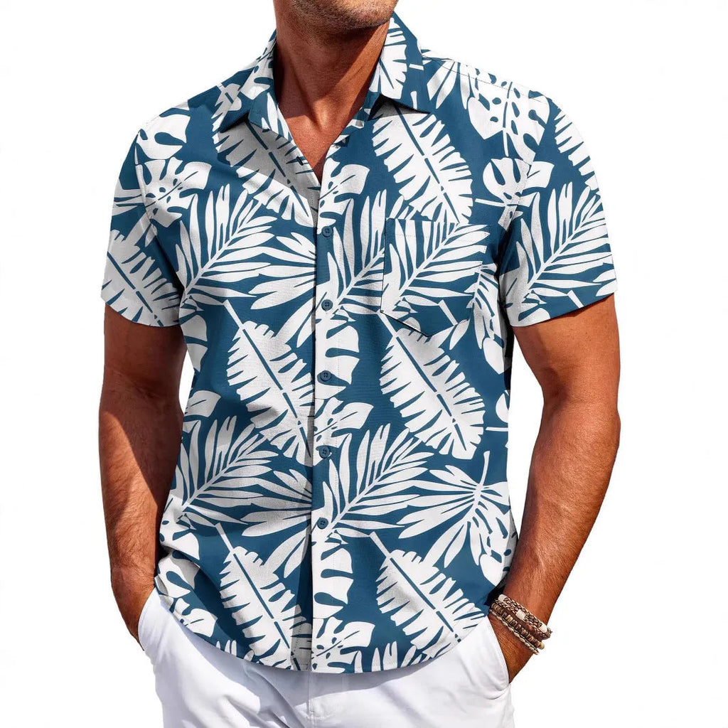Man wearing a slim-fit Hawaiian short-sleeve shirt in elastic polyester fabric.