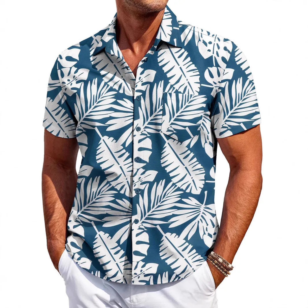 Man wearing a slim-fit Hawaiian short-sleeve shirt in elastic polyester fabric.
