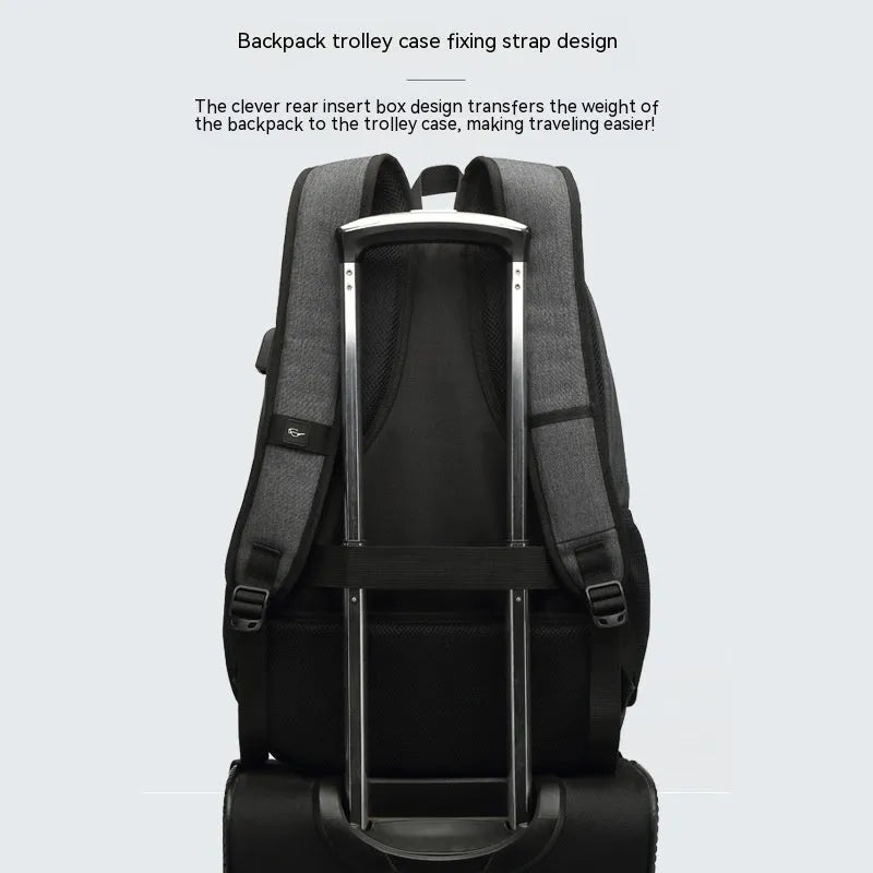 Lightweight grey and black USB charging backpack with external port and thickened nylon fabric.