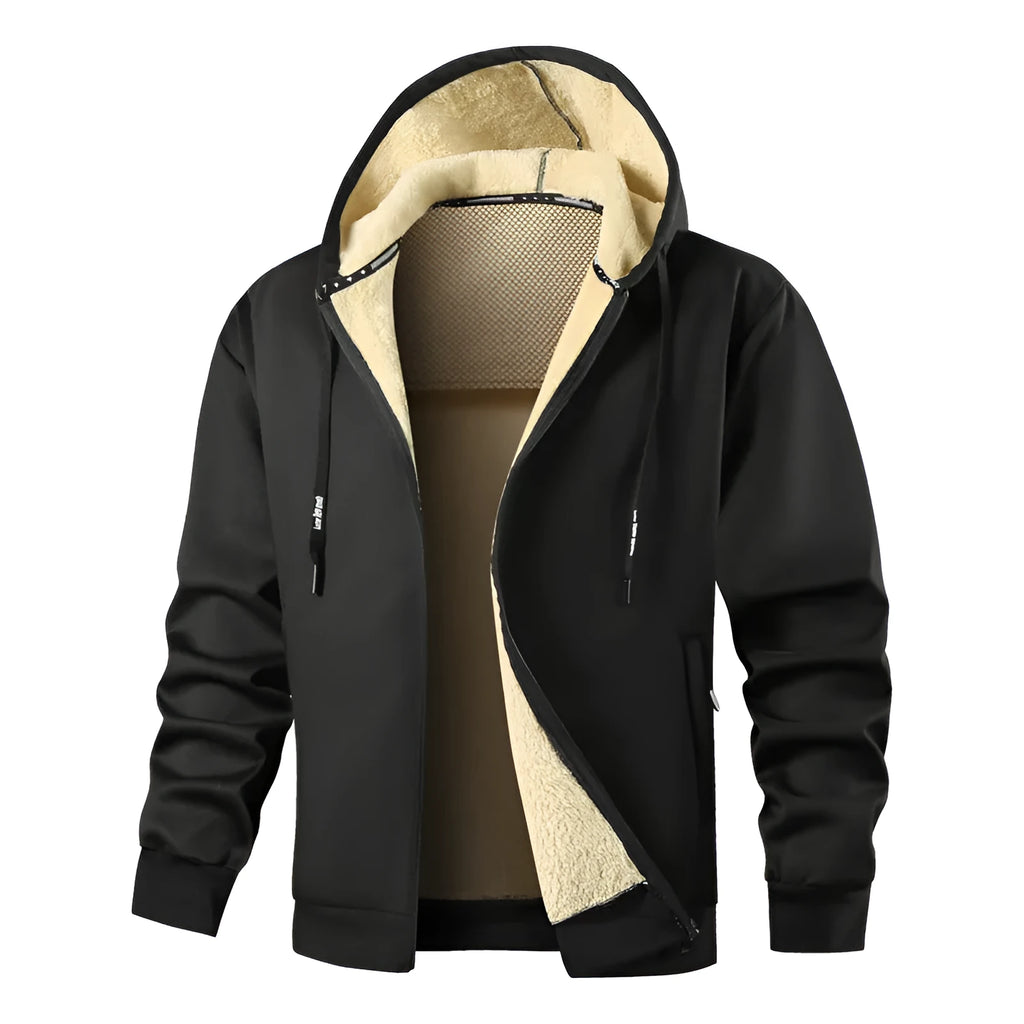 Men's fleece-lined hooded sweatshirt in loose cardigan style with side pockets, black colour