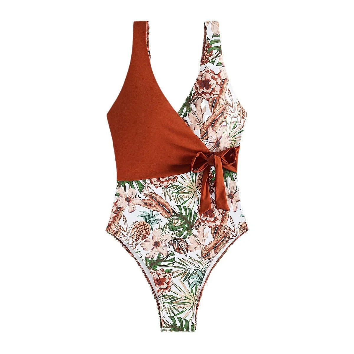 Women's one-piece bikini in European and American tropical plants multicolor print, polyester and spandex, available in S to XL