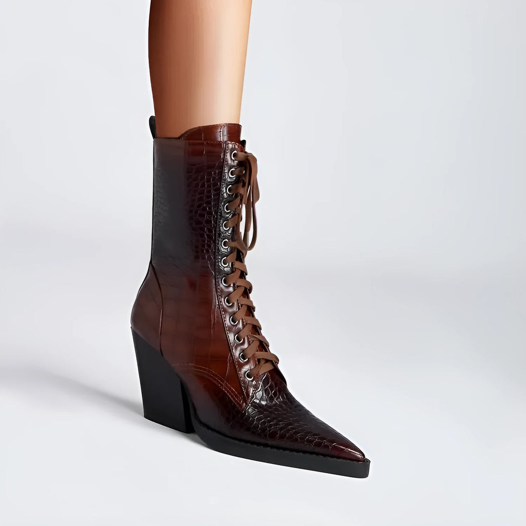 Retro dark brown women's ankle boots with pointed toe, chunky heel, side zipper, and stone pattern stitching.