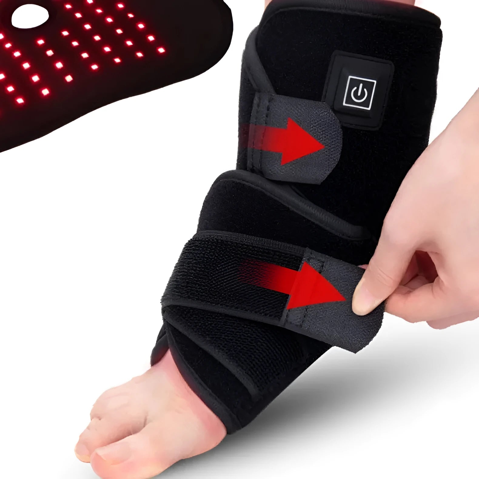 Black adjustable ankle support with red light and heating, USB cable attached