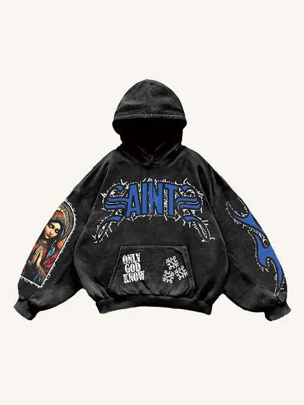 Men's black pullover hooded printed sweater with long sleeves and loose fit on a model