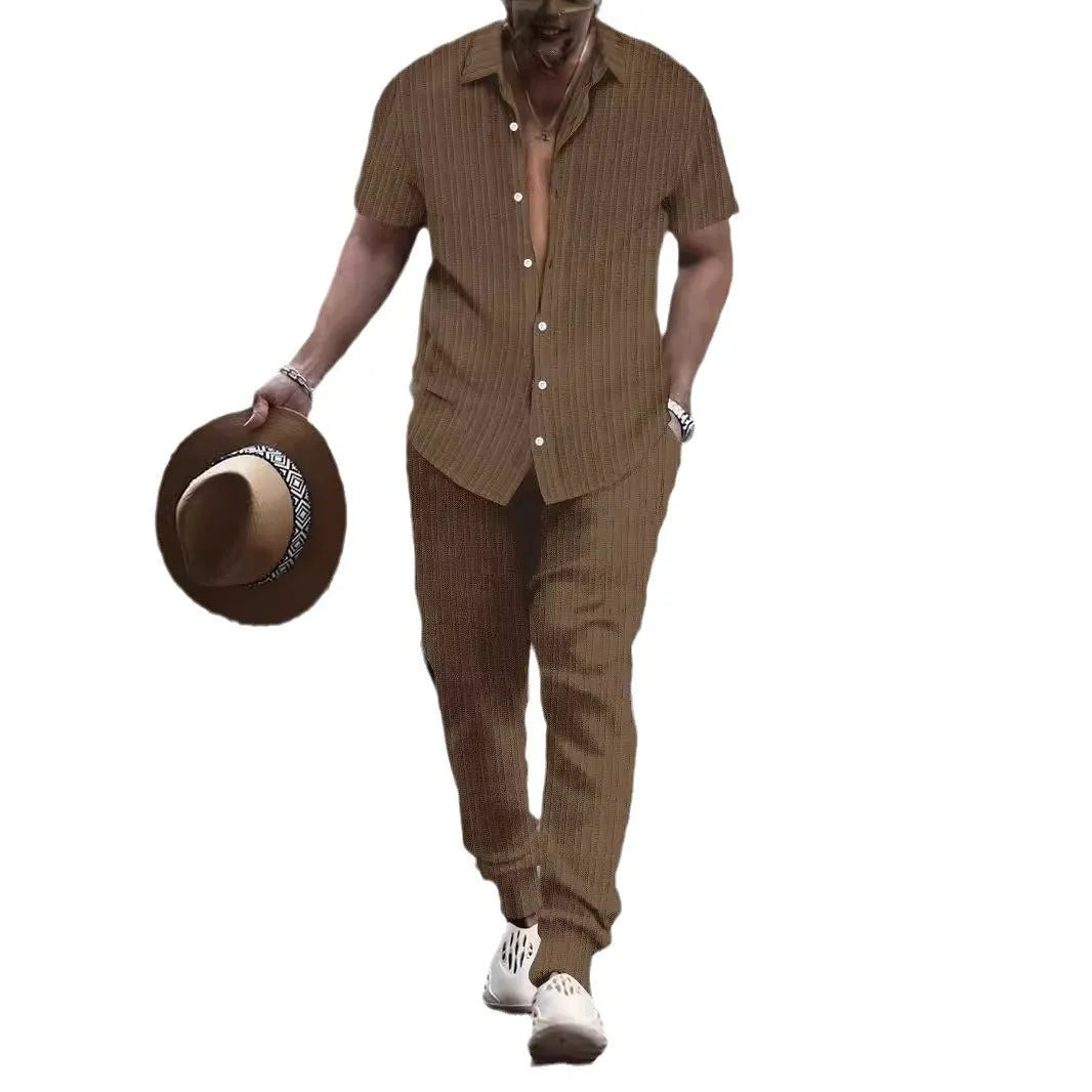 Men's casual short sleeve shirt and trousers beach suit set in cotton blend fabric