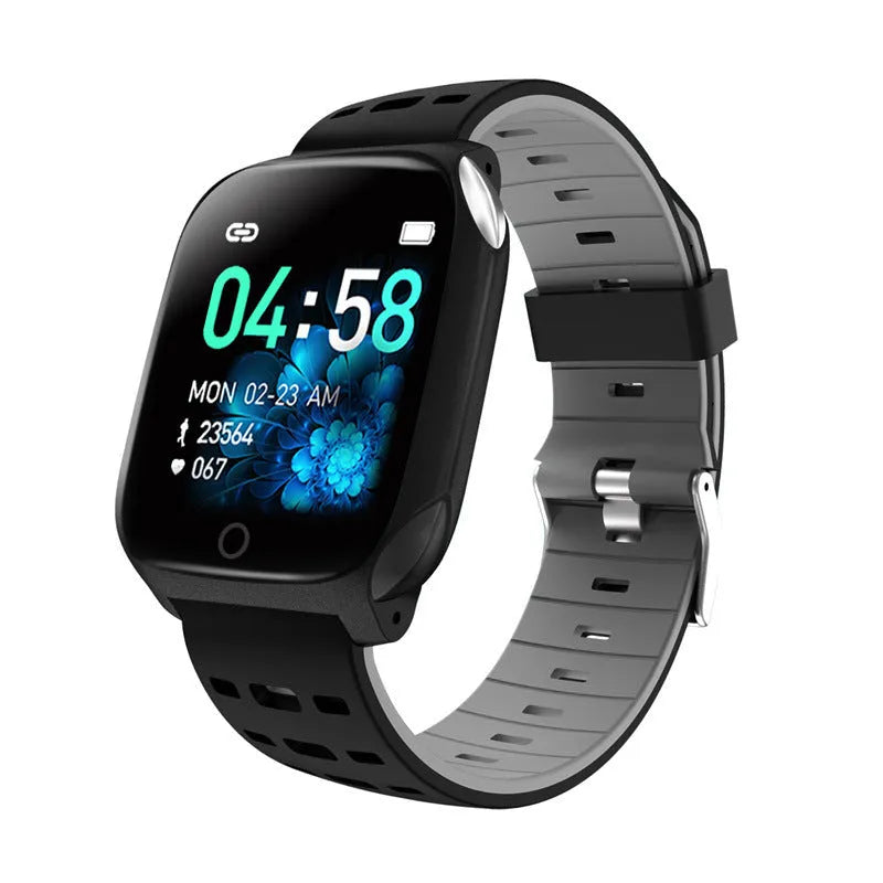 F16 smart watch with ECG monitoring on wrist showing blood pressure and heart rate display