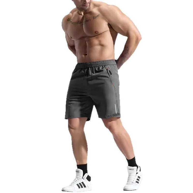 Men's grey elastic waist sports shorts made from bamboo fibre blend fabric on a neutral background.