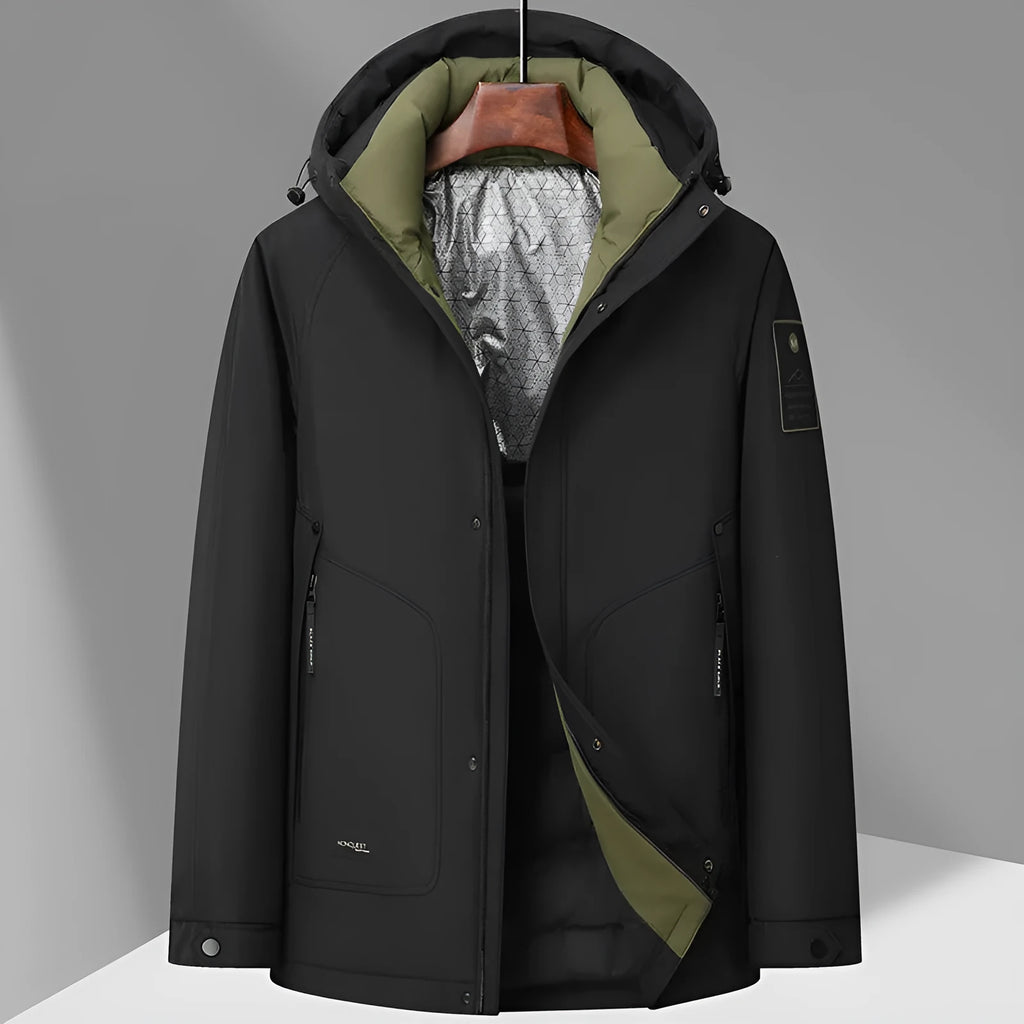 Men's white duck down hooded jacket in black, with chemical fibre blend shell, sizes 170 to 195