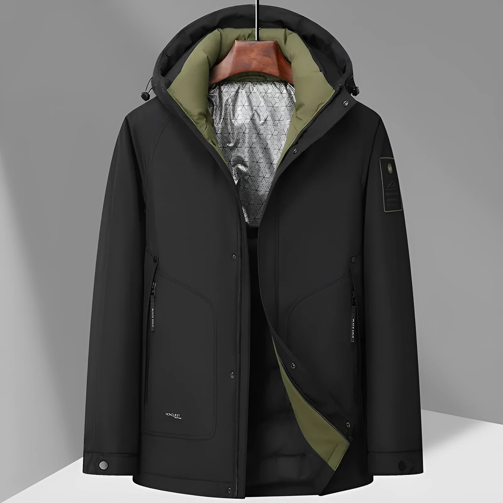 Men's white duck down hooded jacket in black, with chemical fibre blend shell, sizes 170 to 195