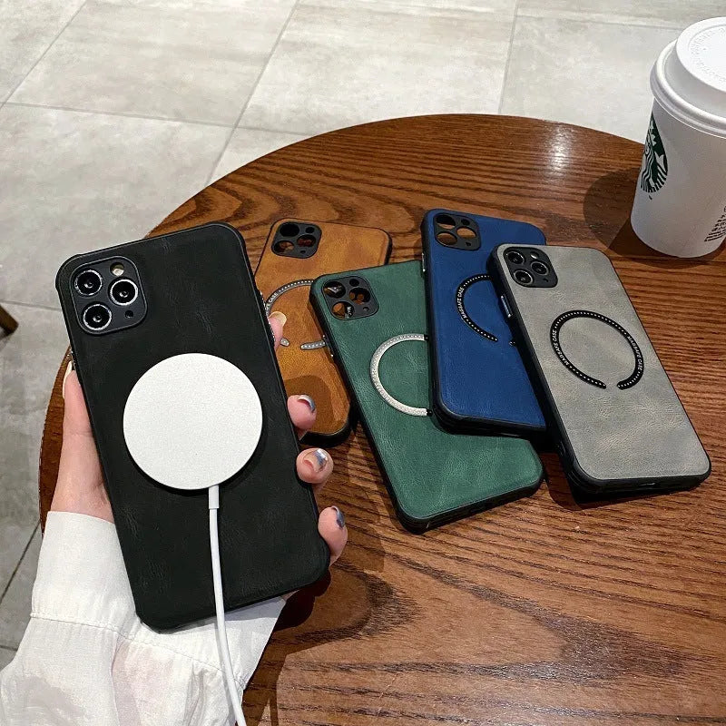 Black imitation leather magnetic charging case for iPhone on a table
