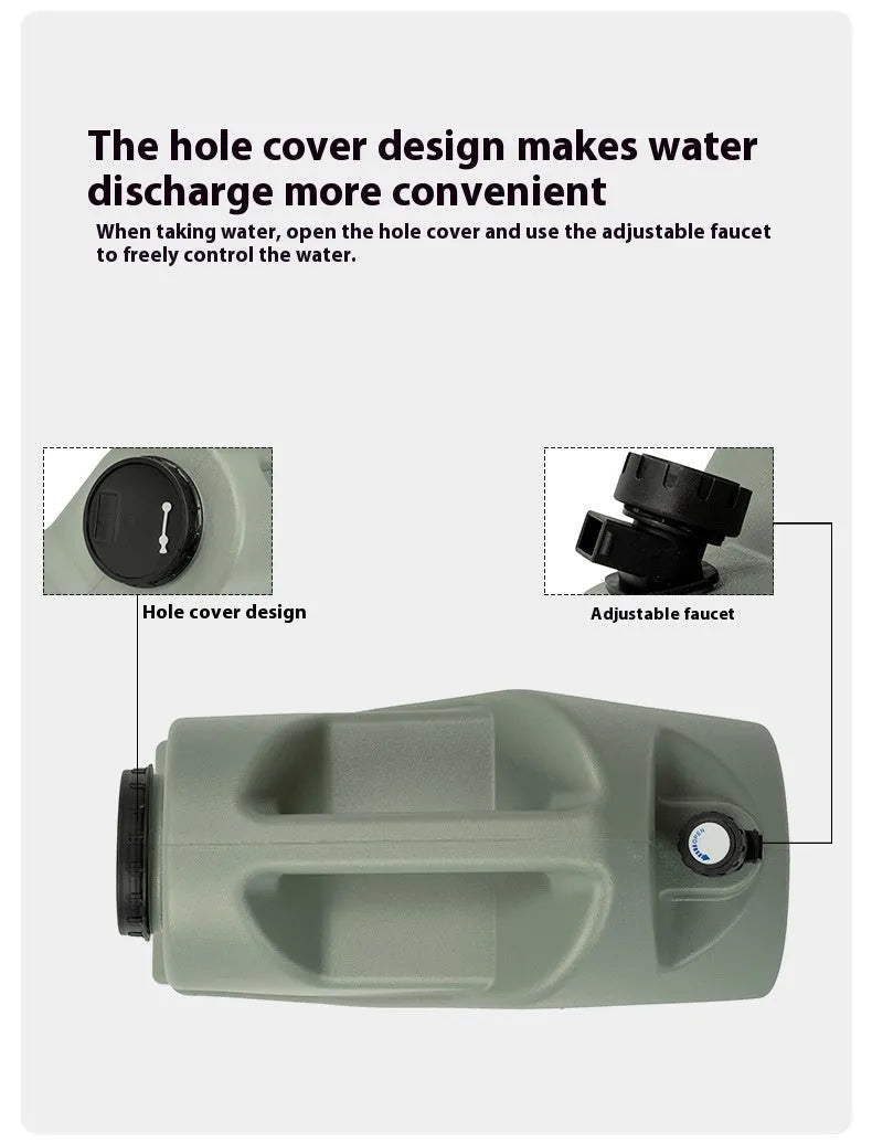 Green portable water storage tank with carry handles in backpack and snail designs