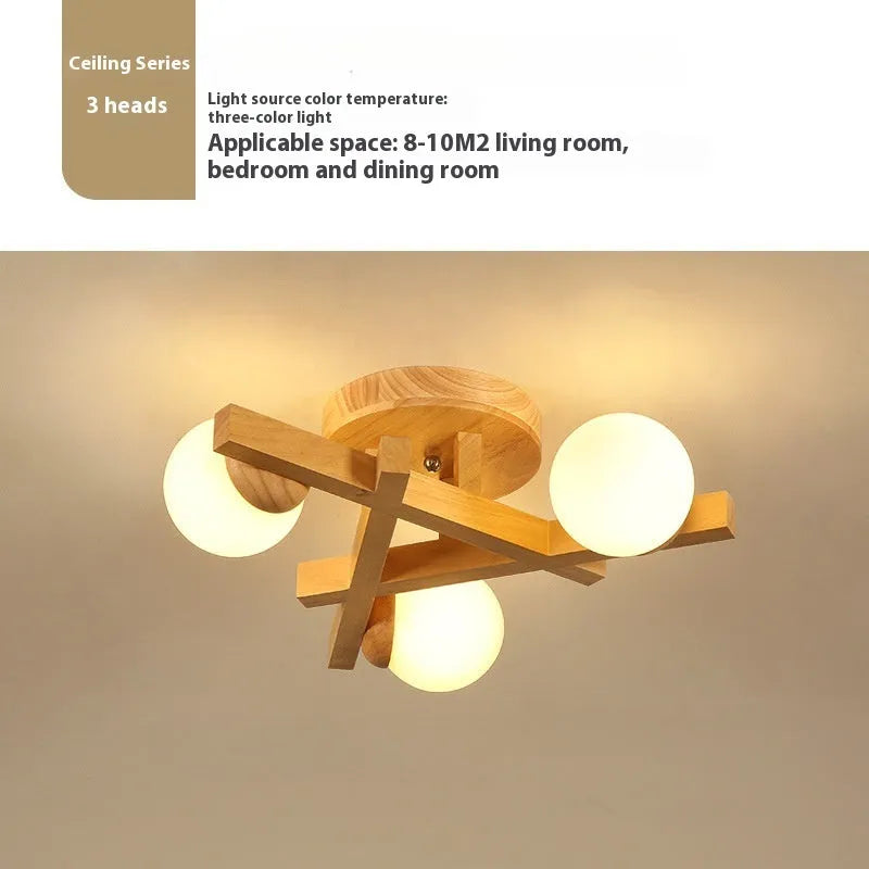 Wooden style modern Nordic ceiling light fixture with three neutral light heads