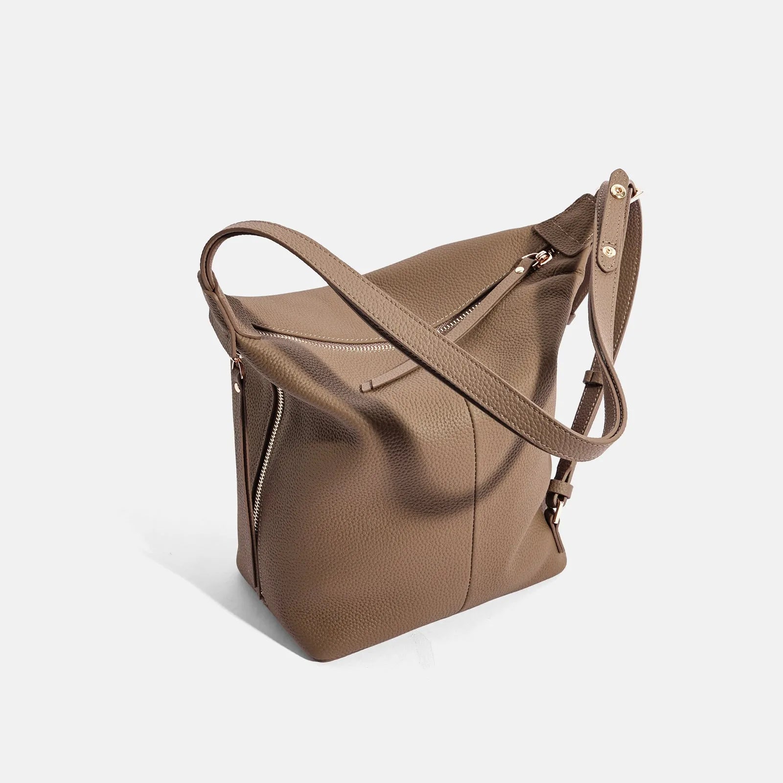 Women's genuine cowhide leather bucket shoulder bag in neutral colour with large capacity