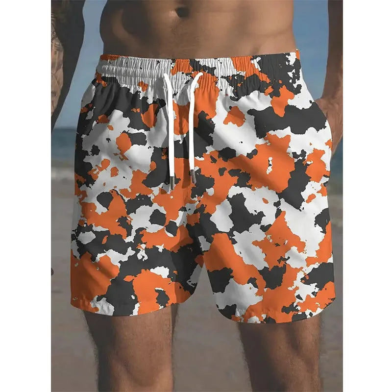 Men's polyester beach shorts in multiple colours with streetwear print design.