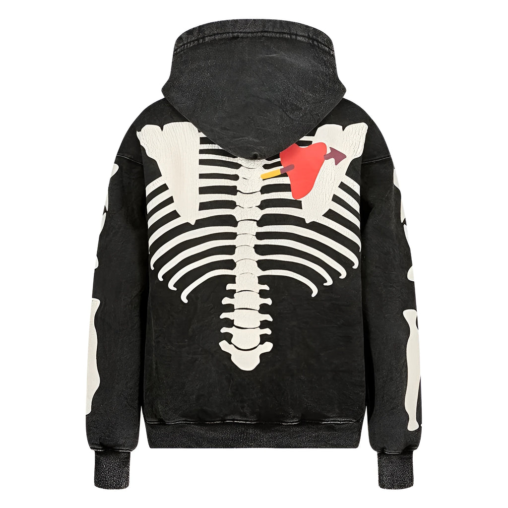Black printed hoodie with hood and loose fit, 100% cotton, front view