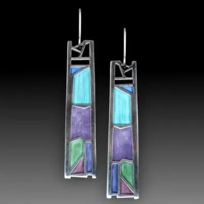 Silver water drop shaped alloy earrings with irregular oil colour electroplated finish