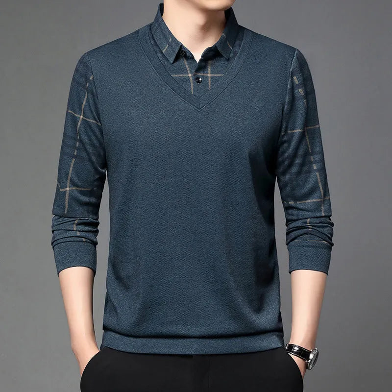 Fake two-piece lapel long-sleeved men's t-shirt in khaki, striped asymmetric design on a model