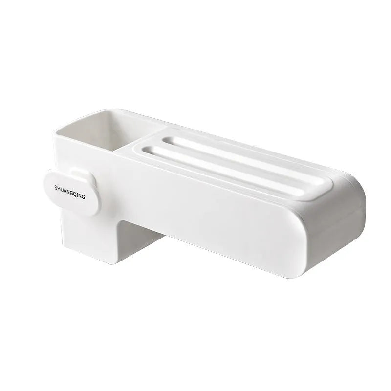White plastic wall-mounted magnetic knife rack holding several kitchen knives