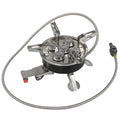 Silver foldable stainless steel and copper split camping stove with a long hose, shown closed for transport.